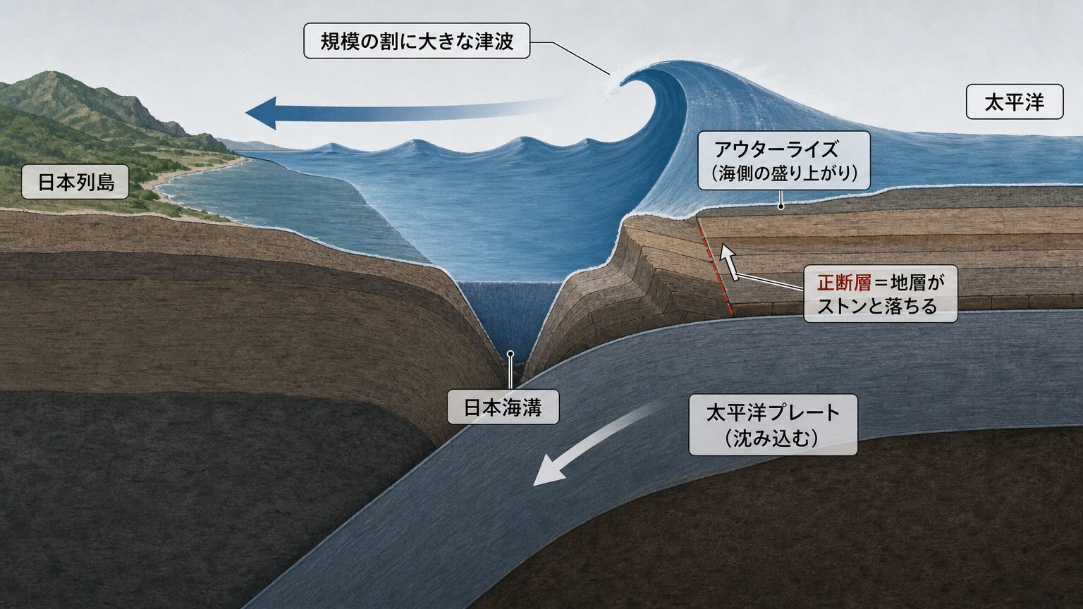 なぜ揺れは小さいのに大津波が?|アウターライズ地震