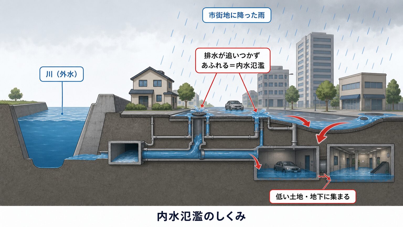 内水氾濫とは|都市型水害の新しい脅威