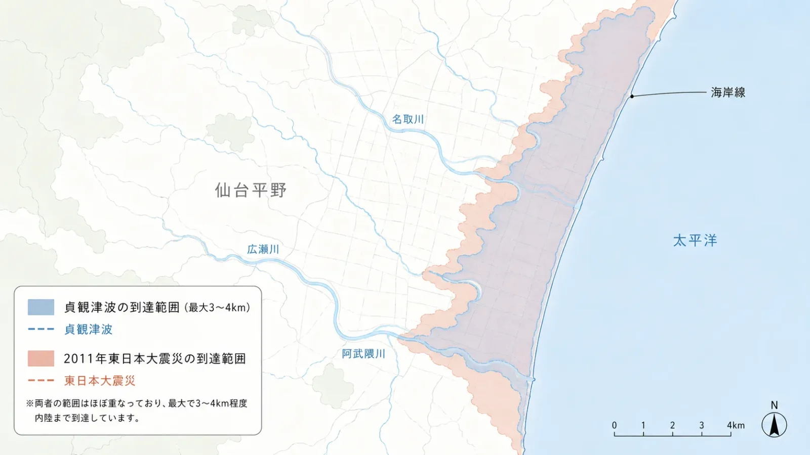 貞観津波と東日本大震災の到達範囲の比較図(仙台平野)