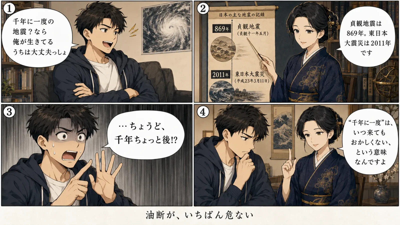 貞観地震をめぐる4コマ漫画