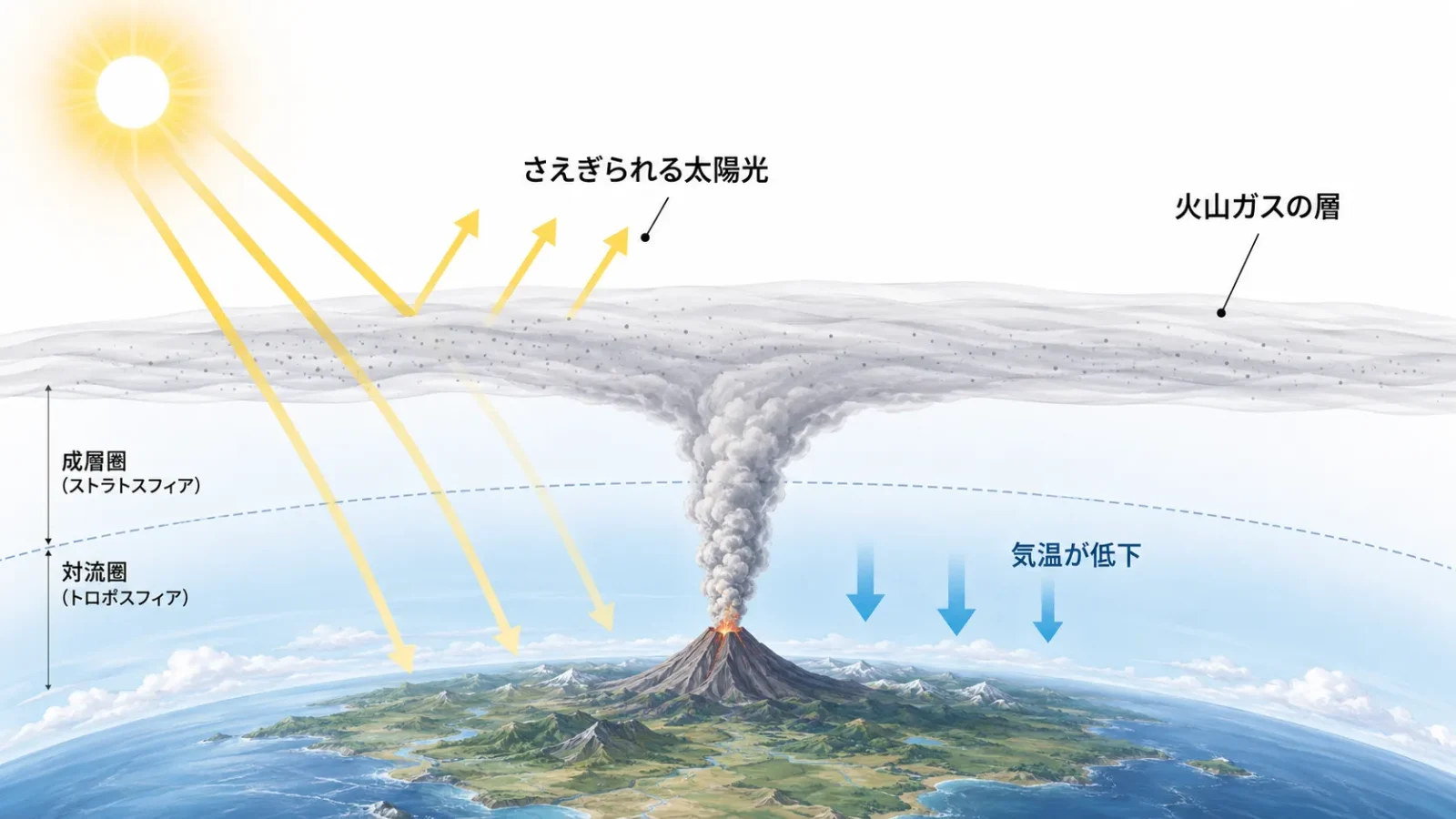 火山ガスが太陽光をさえぎり気温が下がる仕組みの図解