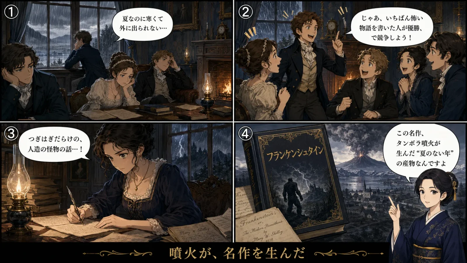 タンボラ噴火と『フランケンシュタイン』誕生の4コマ漫画