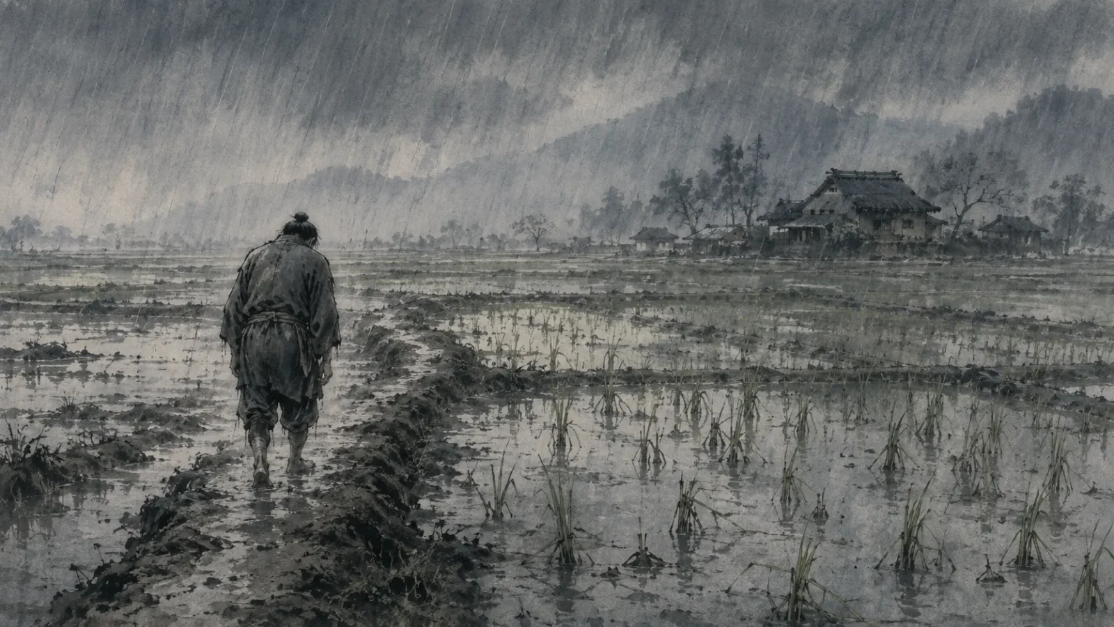 冷たい長雨に打たれる凶作の田(イメージ)
