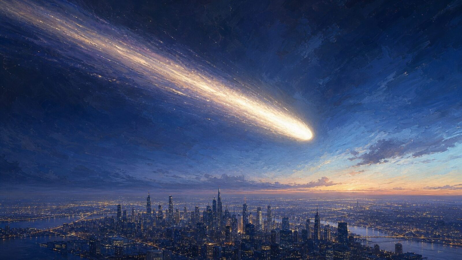 夜明け前の都市上空を長い尾を引いて横切る火球(油彩イラスト)