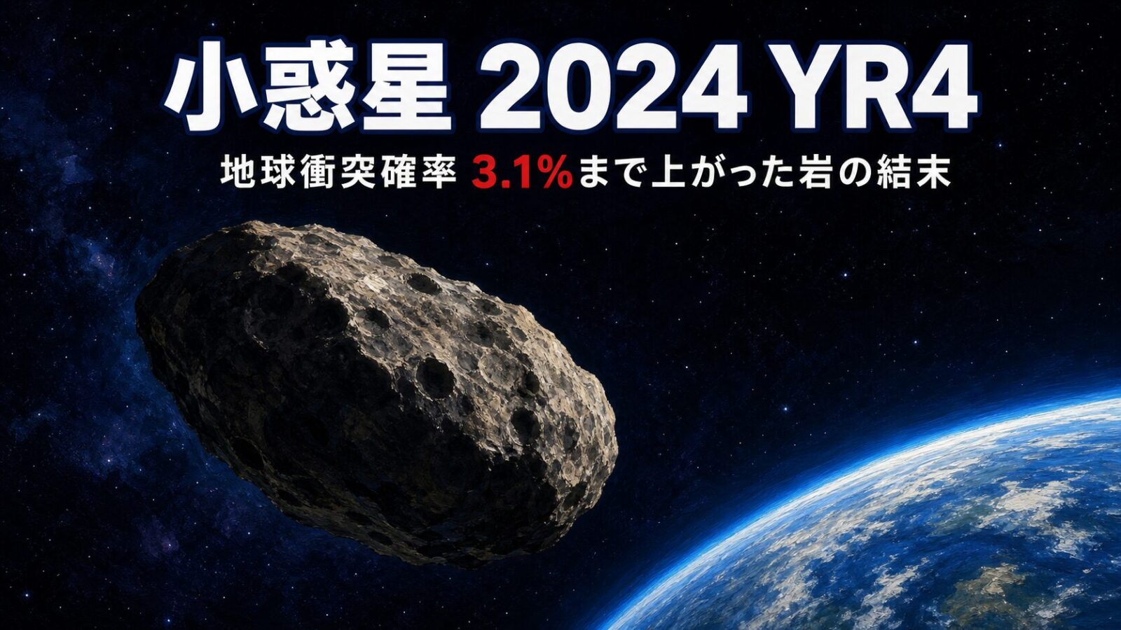 宇宙空間を地球に向かって進む小惑星2024 YR4（油彩イラスト）