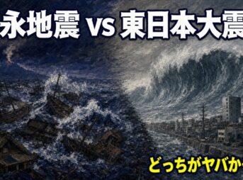 江戸の津波と噴煙を上げる富士山、現代の街に迫る巨大津波を対比させた油彩イラスト