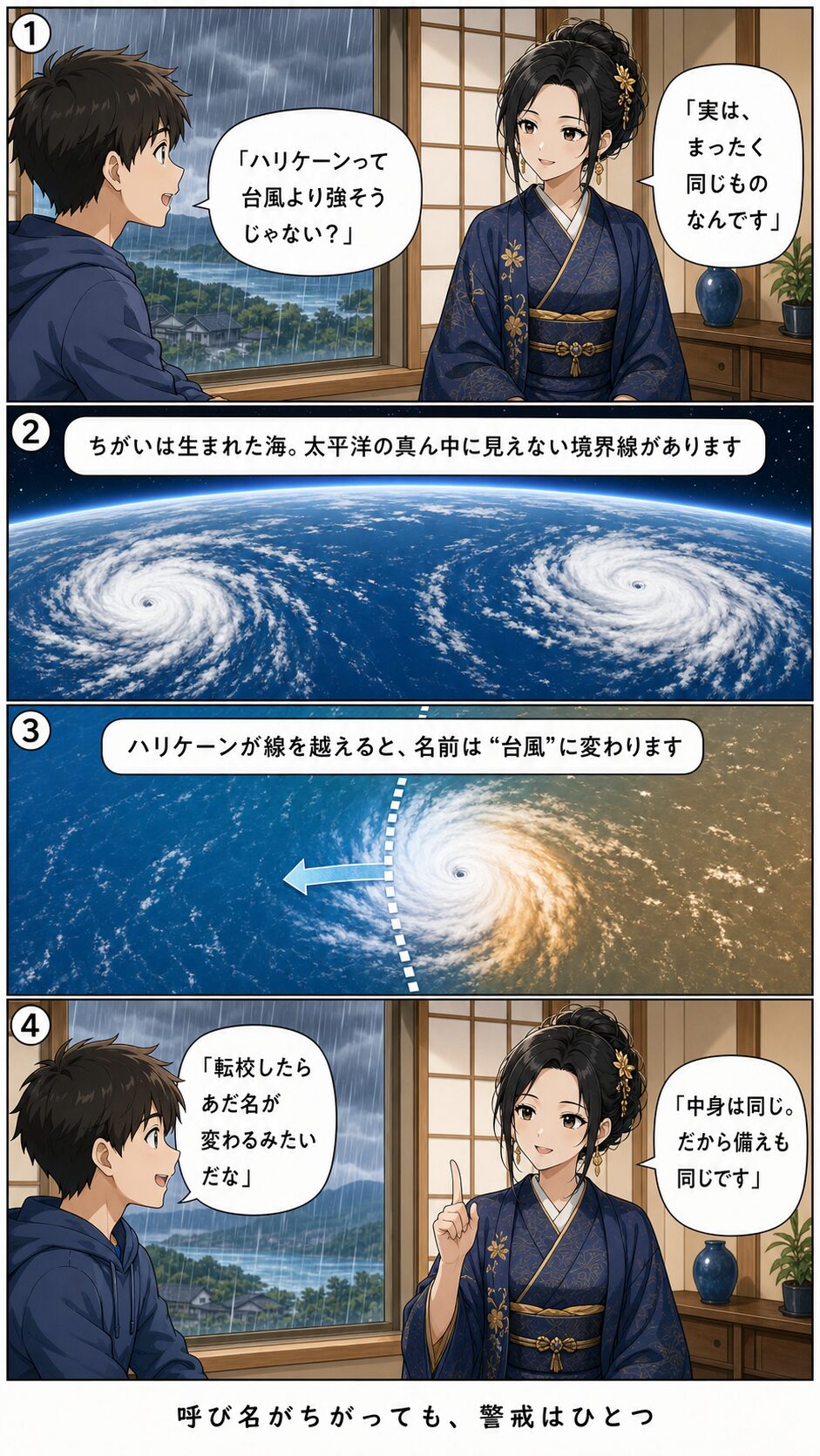 ハリケーンと台風が同じもので境界線を越えると名前が変わることを語り部ゆずきが解説する縦4コマ漫画