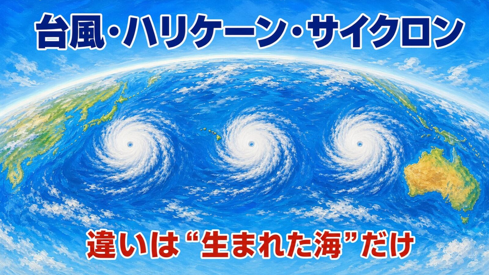 宇宙から見た地球の海に3つの同じ雲の渦が並ぶ、台風・ハリケーン・サイクロンの違いを示す明るいイラスト