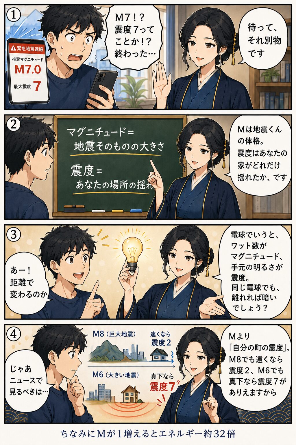 震度とマグニチュードの違いを解説する4コマ漫画